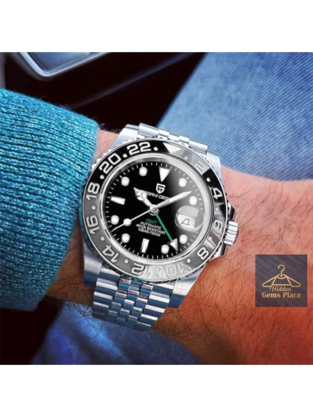 Men's Automatic GMT Watch Stainless Steel Sapphire 100M Waterproof Mechanical
